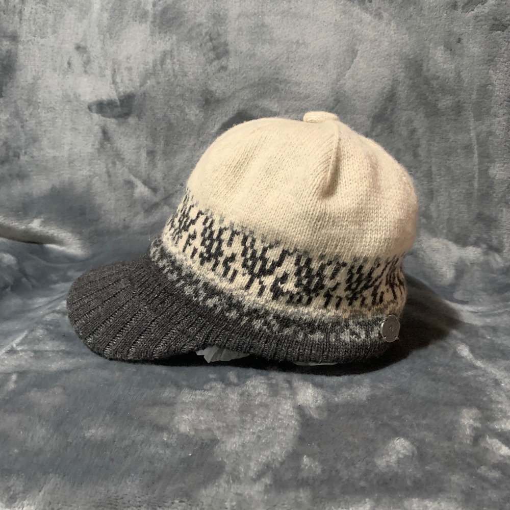 Pistil Visor Beanie Women Fair Isle Grey Cream Lambswool Fleece Lined EUC